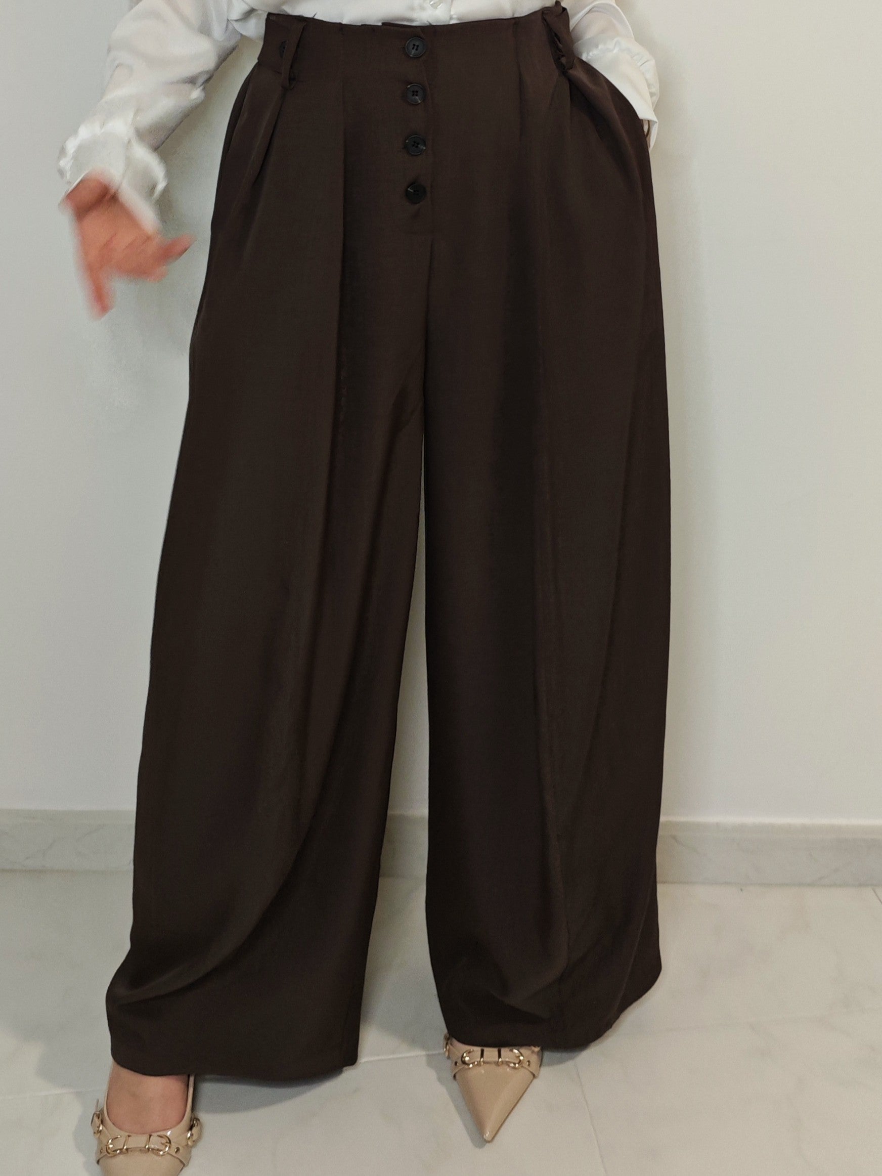PANTALONI PALAZZO MARRONE CON PINCE