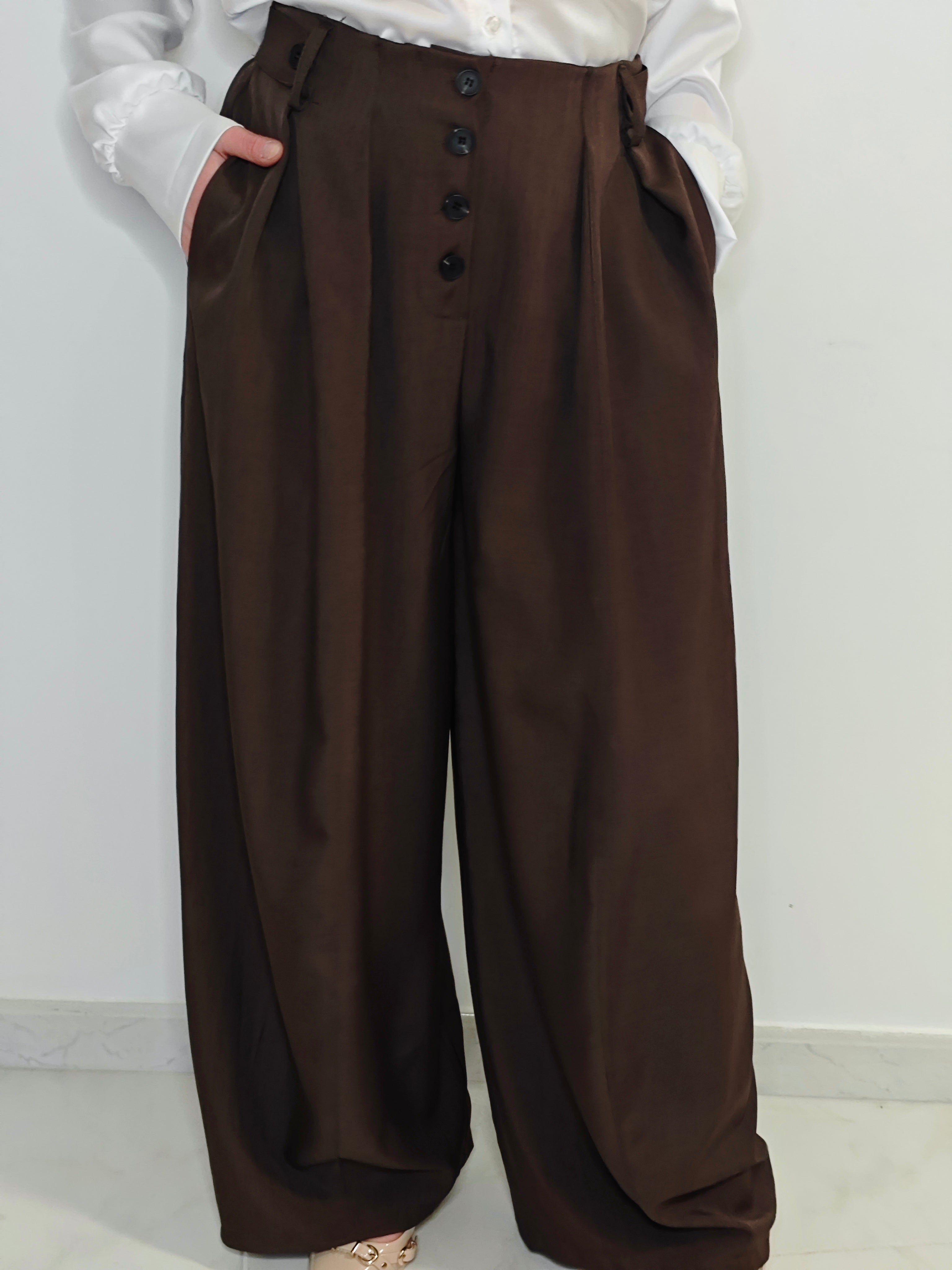 PANTALONI PALAZZO MARRONE CON PINCE
